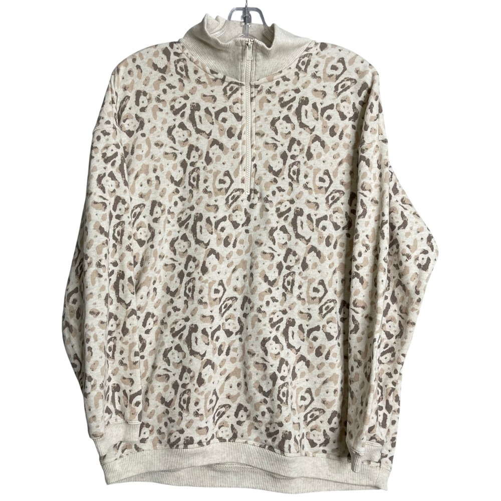 Aerie Cheetah Print Quarter‎ Zip Pullover Womens XS Cream Tan Grey Oversized